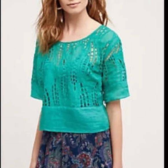 TRACY REESE LAB Green eyelet lace cropped top size small ANTHROPOLOGIE blouse - Picture 2 of 6